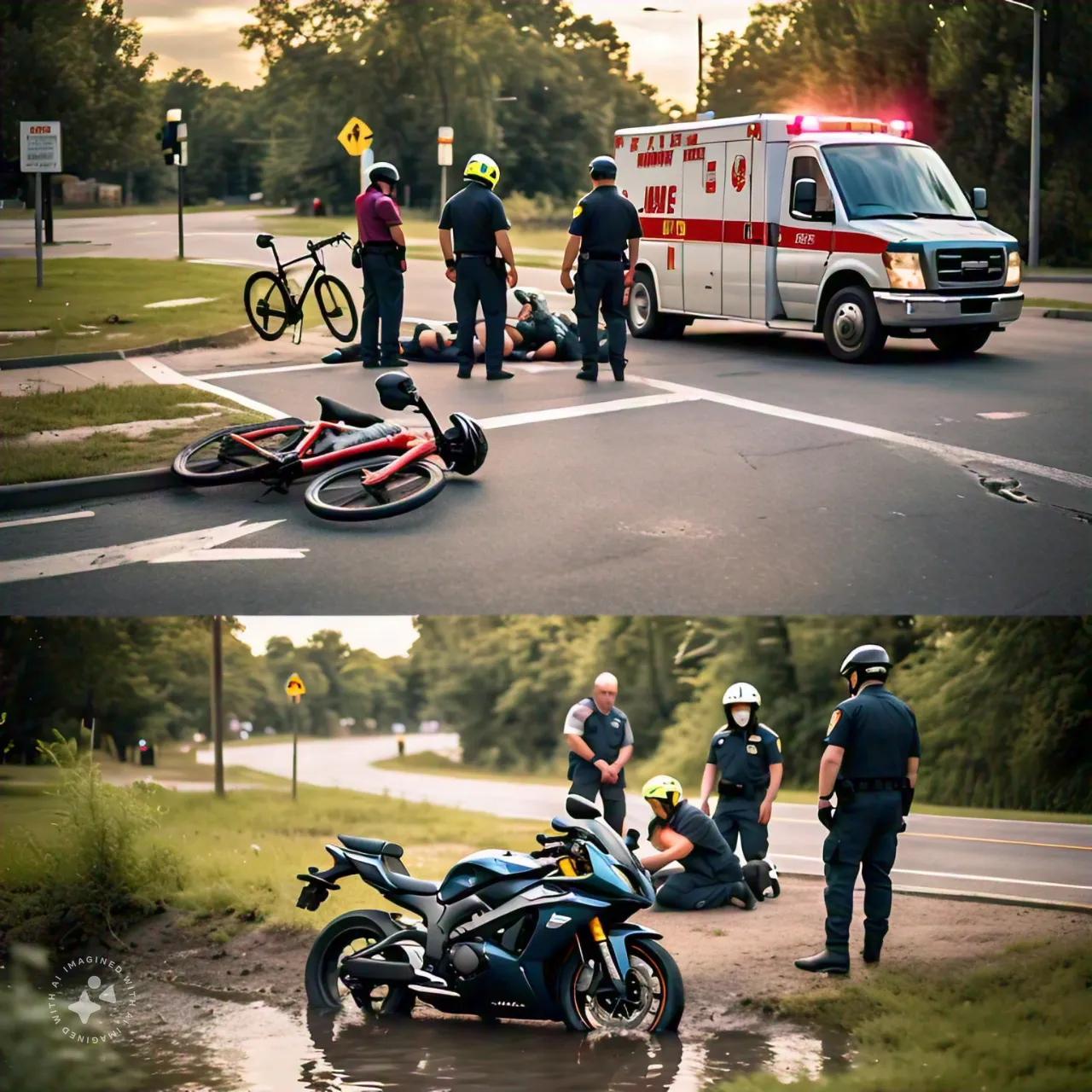 dos_escenas_de_accidentes_de_tr_fico_en_una_un_ciclista_y_un_coche_chocan_en_una_intersecci_n_urbana_con_servicios_de_emergencia_ambulancia_o_polic_a_asistiendo_a_un_ciclista_herido_el_entorno_es_cerca_de_rboles_o_un_rea_simi