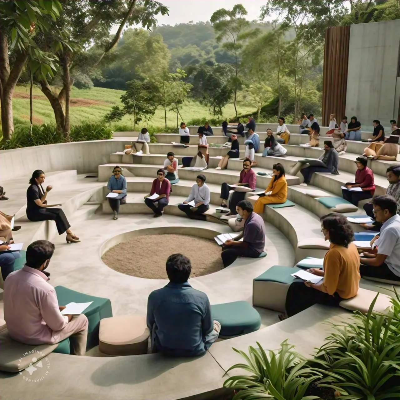 un_auditorio_moderno_al_aire_libre_en_una_peque_a_ciudad_con_personas_participando_en_un_evento_de_capacitaci_n_sobre_econom_a_circular_el_ambiente_es_verde_y_natural_rodeado_de_rboles_y_plantas