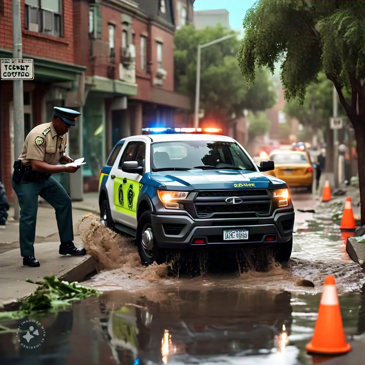 una_escena_detallada_de_una_calle_urbana_donde_se_puede_ver_un_derrame_de_agua_significativo_un_veh_culo_de_control_urbano_est_estacionado_cerca_y_un_oficial_est_escribiendo_una_multa_el_agua_debe_fluir_desde_una_casa_o_edifi