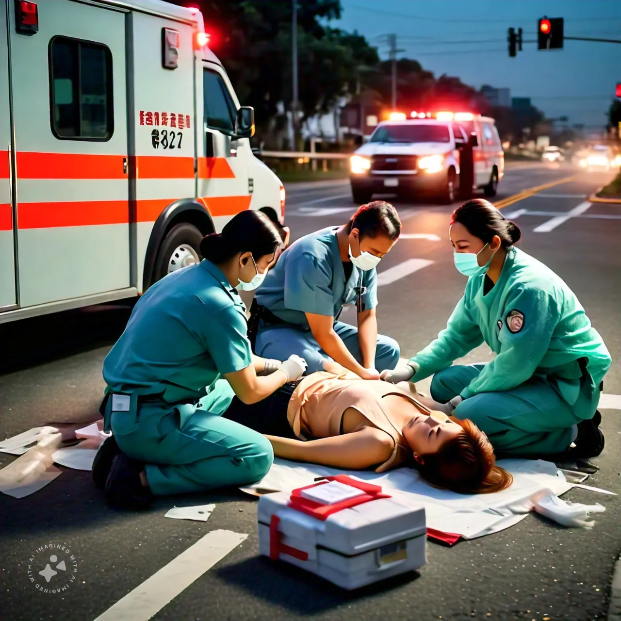 una_escena_de_emergencia_en_una_intersecci_n_de_carretera_con_una_ambulancia_y_un_equipo_m_dico_asistiendo_a_una_mujer_el_entorno_muestra_una_carretera_en_una_zona_semiurbana_con_pocos_rboles_mientras_la_ambulancia_est_estaci
